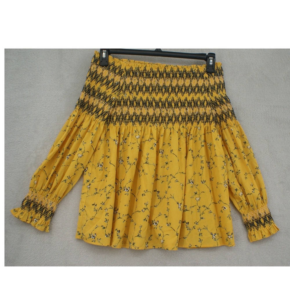 THML Womens Yellow Floral Smocked Off The Shoulder Anthro Boho Top Medium TM4592
